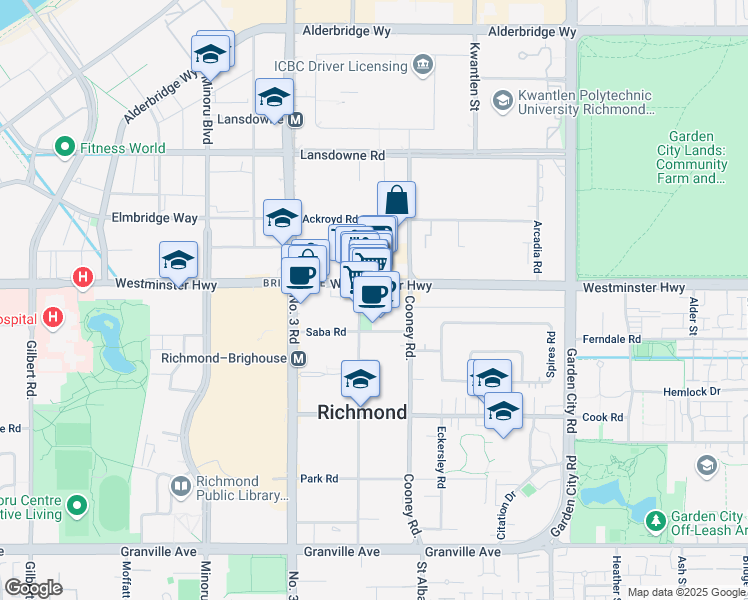 map of restaurants, bars, coffee shops, grocery stores, and more near Westminster Highway in Richmond