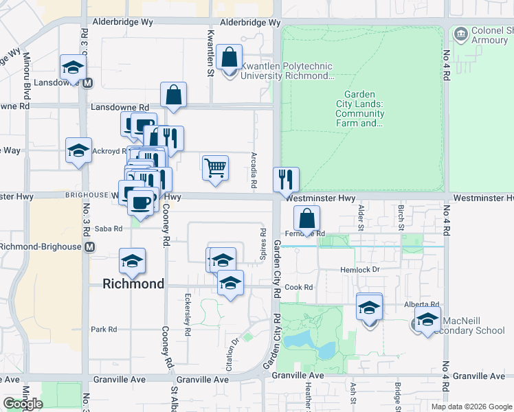 map of restaurants, bars, coffee shops, grocery stores, and more near 8760 Westminster Highway in Richmond