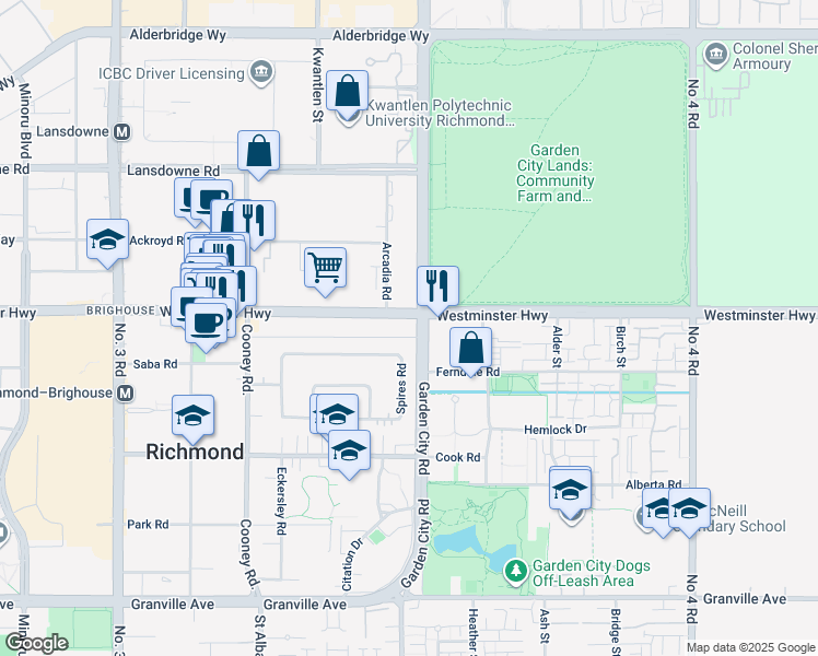 map of restaurants, bars, coffee shops, grocery stores, and more near 8820 Westminster Highway in Richmond