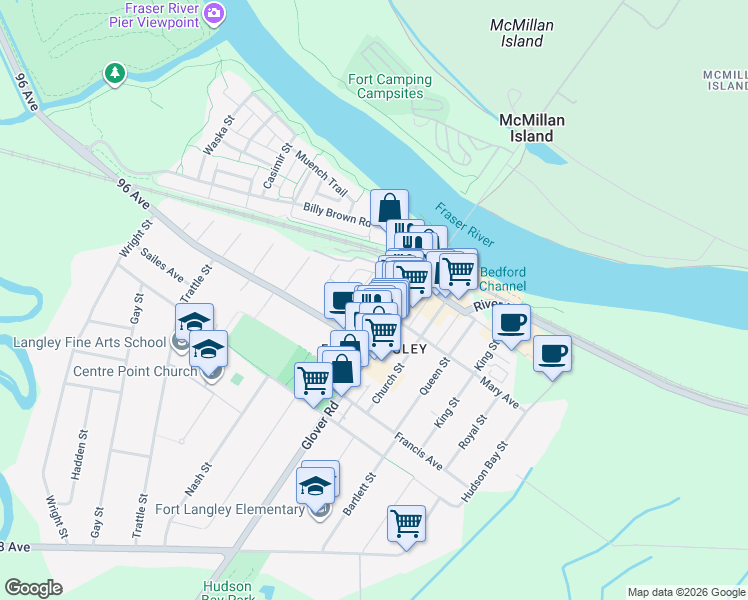 map of restaurants, bars, coffee shops, grocery stores, and more near 9204 McBride Street in Langley Township