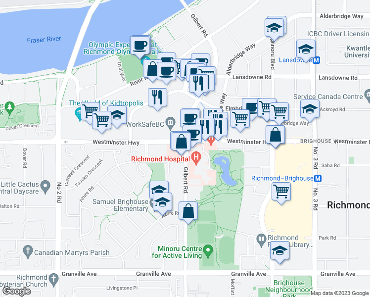 map of restaurants, bars, coffee shops, grocery stores, and more near 6051 Gilbert Road in Richmond