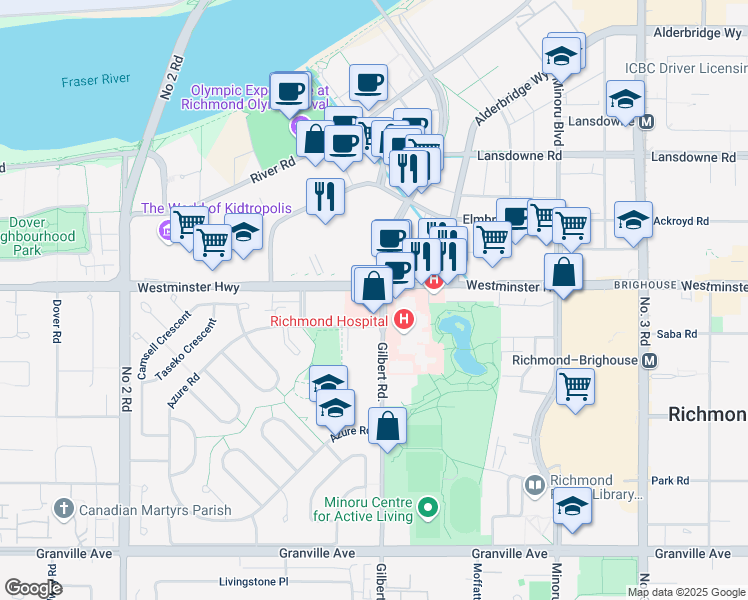 map of restaurants, bars, coffee shops, grocery stores, and more near 6051 Gilbert Road in Richmond