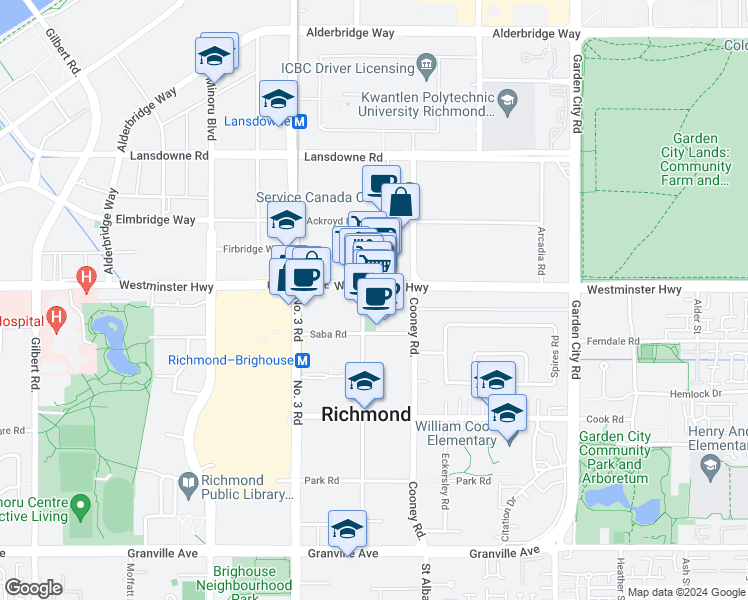 map of restaurants, bars, coffee shops, grocery stores, and more near 8260 Westminster Highway in Richmond