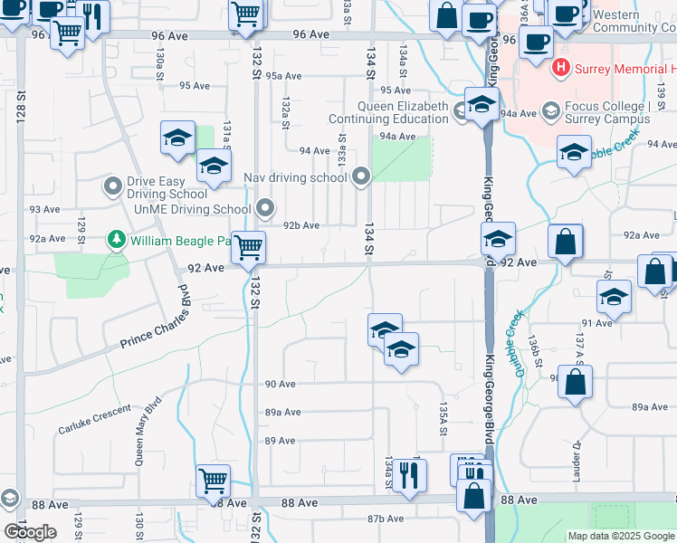 map of restaurants, bars, coffee shops, grocery stores, and more near 13346 92 Avenue in Surrey