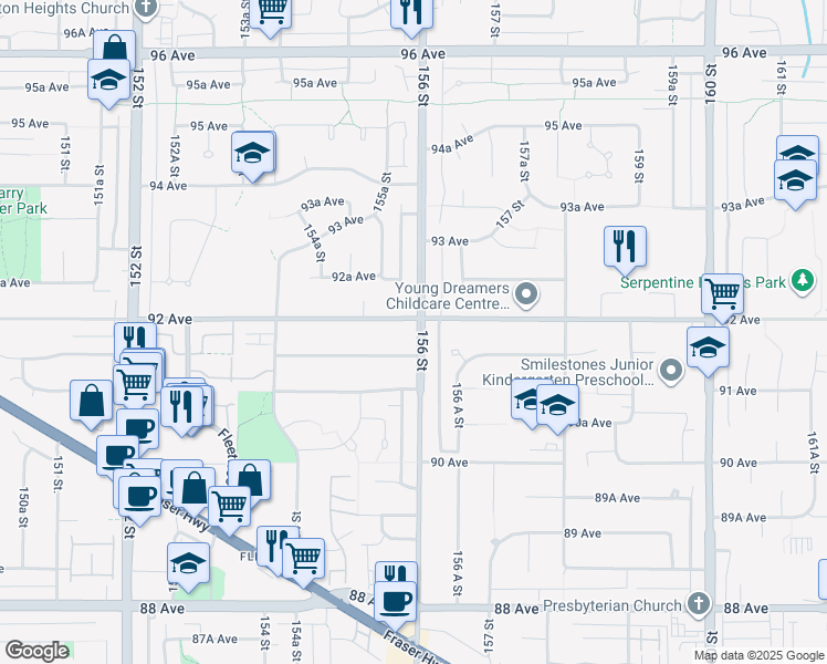 map of restaurants, bars, coffee shops, grocery stores, and more near 15588 92 Avenue in Surrey