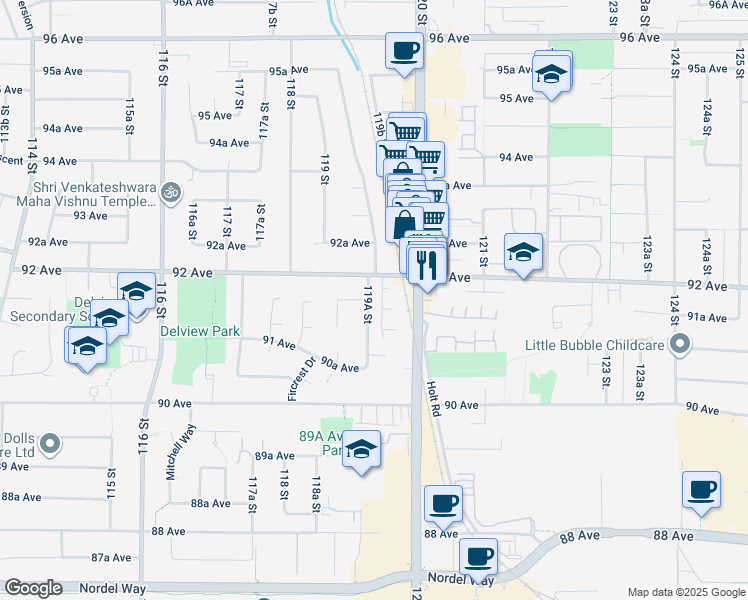 map of restaurants, bars, coffee shops, grocery stores, and more near 9162 119A Street in Delta