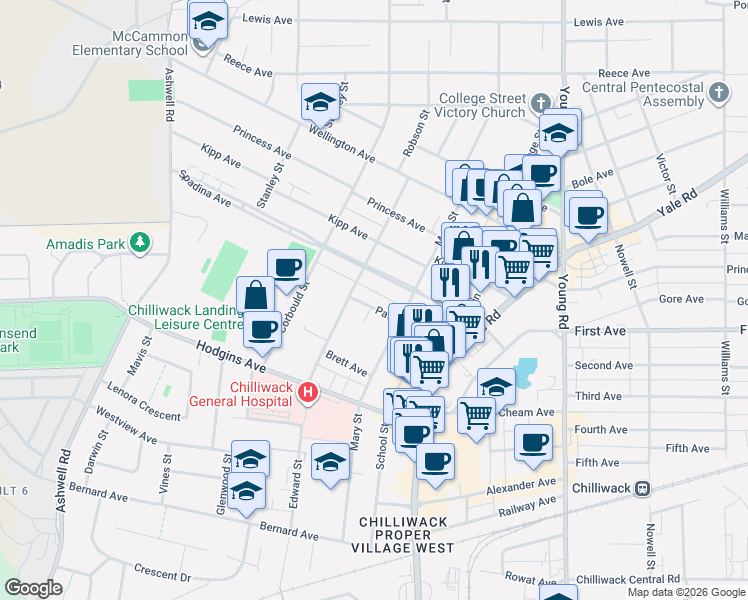map of restaurants, bars, coffee shops, grocery stores, and more near 45665 Patten Avenue in Chilliwack