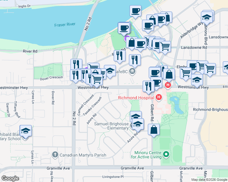 map of restaurants, bars, coffee shops, grocery stores, and more near 6851 Camsell Crescent in Richmond