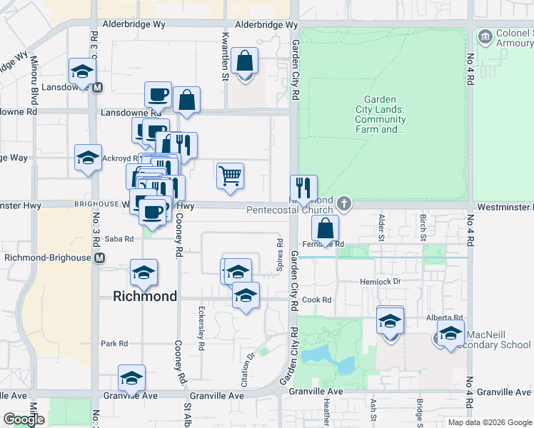 map of restaurants, bars, coffee shops, grocery stores, and more near 8700 Westminster Highway in Richmond