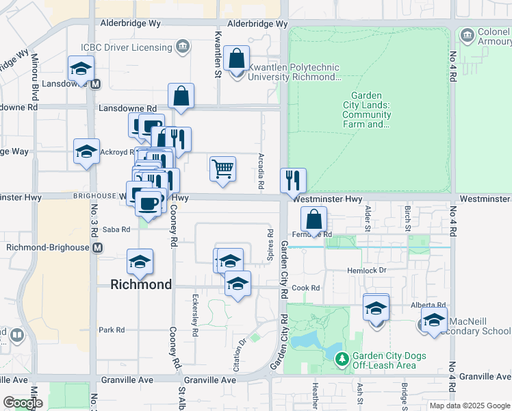 map of restaurants, bars, coffee shops, grocery stores, and more near 8700 Westminster Highway in Richmond