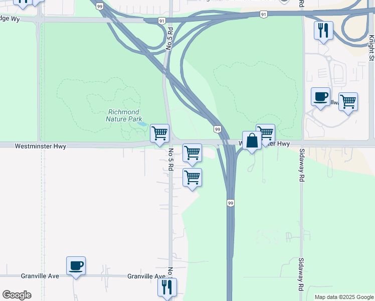 map of restaurants, bars, coffee shops, grocery stores, and more near 12080 Westminster Highway in Richmond