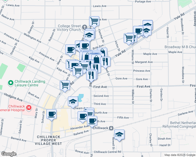 map of restaurants, bars, coffee shops, grocery stores, and more near 46030 Princess Avenue in Chilliwack