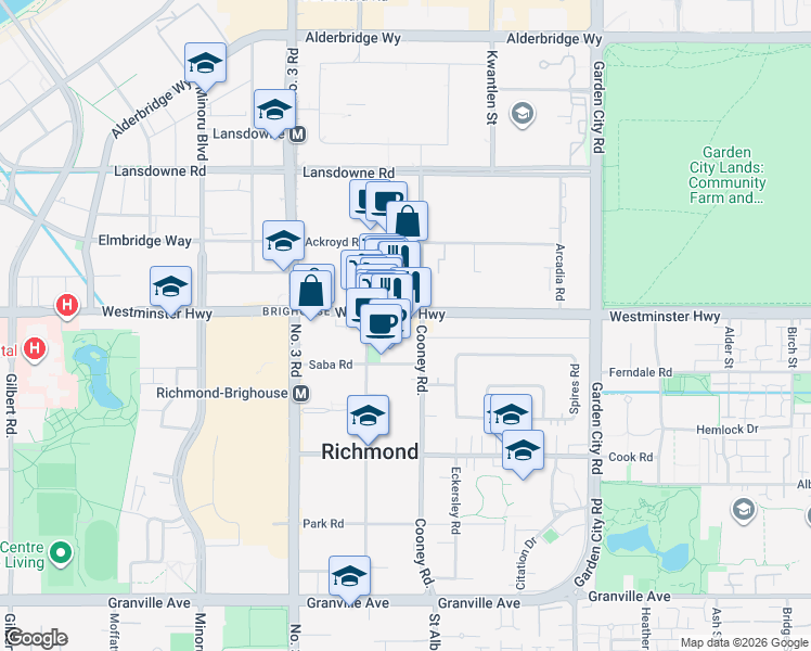 map of restaurants, bars, coffee shops, grocery stores, and more near 8288 Westminster Highway in Richmond