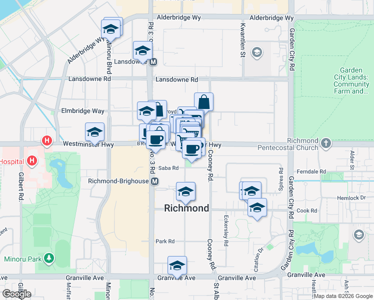 map of restaurants, bars, coffee shops, grocery stores, and more near 8260 Westminster Highway in Richmond