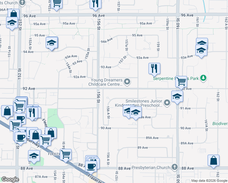 map of restaurants, bars, coffee shops, grocery stores, and more near 15688 92 Avenue in Surrey