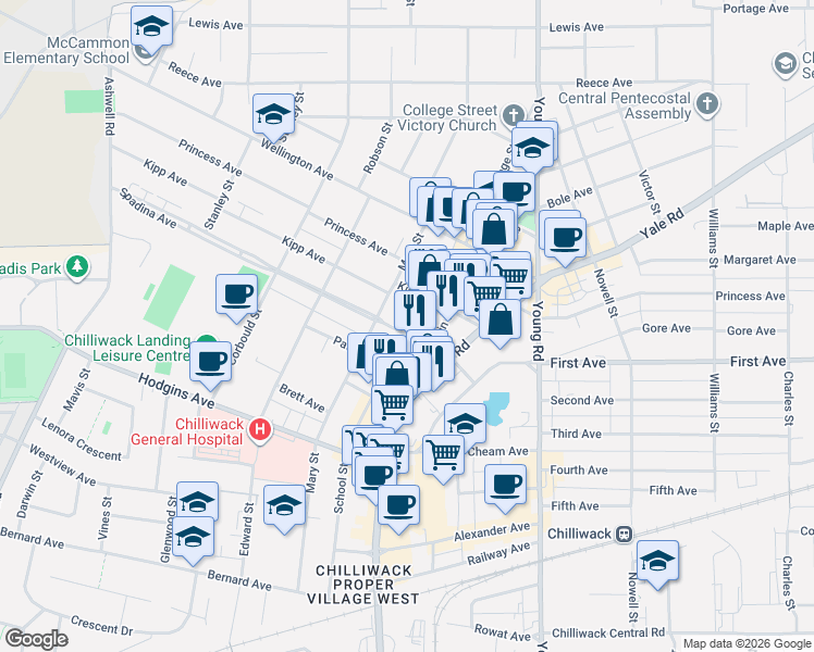 map of restaurants, bars, coffee shops, grocery stores, and more near 45765 Spadina Avenue in Chilliwack