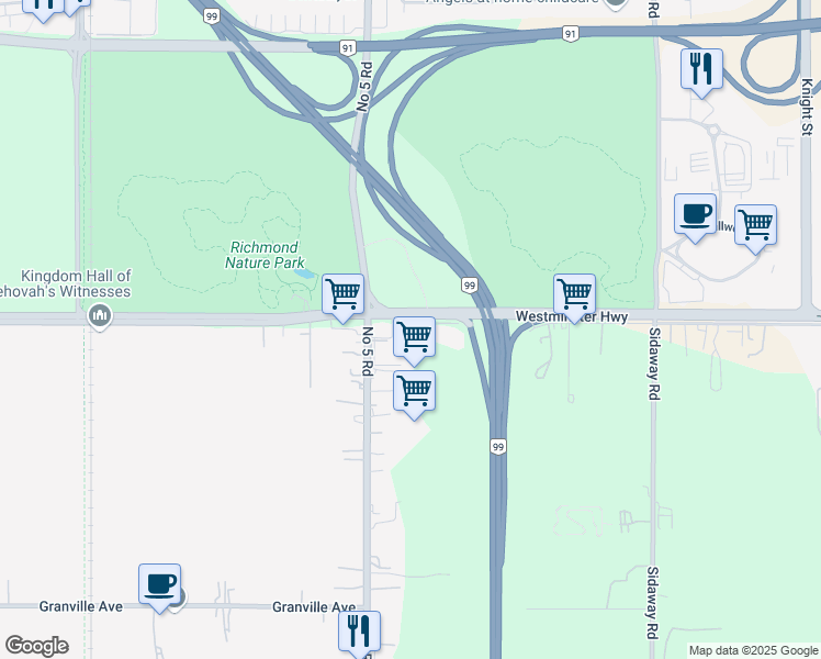 map of restaurants, bars, coffee shops, grocery stores, and more near 12120 Westminster Highway in Richmond