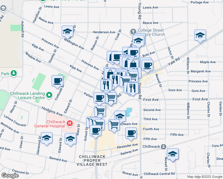 map of restaurants, bars, coffee shops, grocery stores, and more near 9256 Main Street in Chilliwack