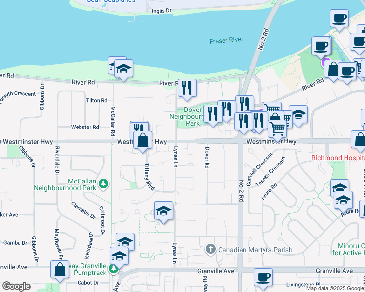 map of restaurants, bars, coffee shops, grocery stores, and more near 5500 Westminster Highway in Richmond