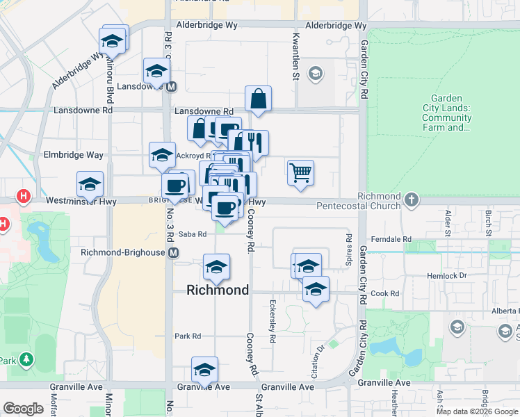 map of restaurants, bars, coffee shops, grocery stores, and more near 6180 Cooney Road in Richmond