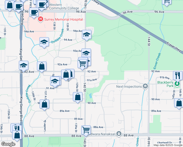 map of restaurants, bars, coffee shops, grocery stores, and more near 14038 92 Avenue in Surrey