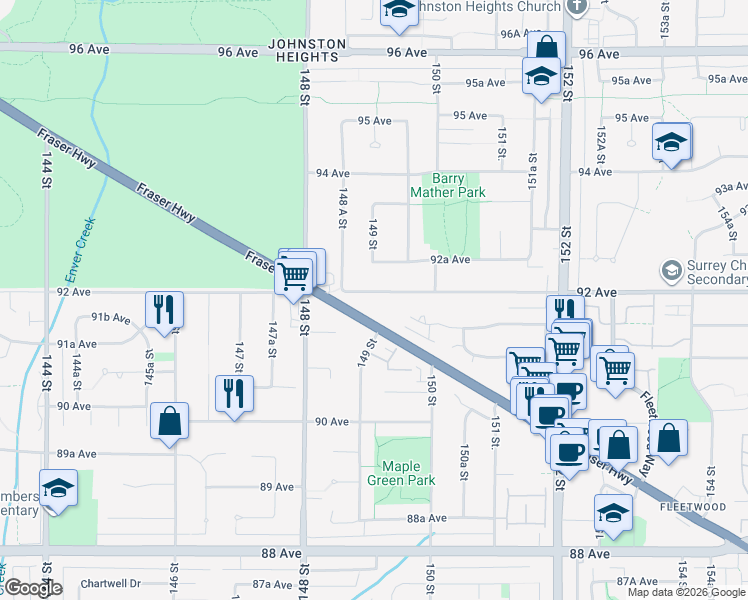 map of restaurants, bars, coffee shops, grocery stores, and more near 14906 92 Avenue in Surrey