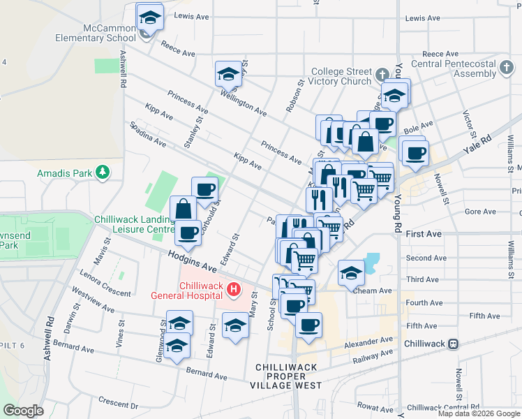 map of restaurants, bars, coffee shops, grocery stores, and more near 45665 Patten Avenue in Chilliwack