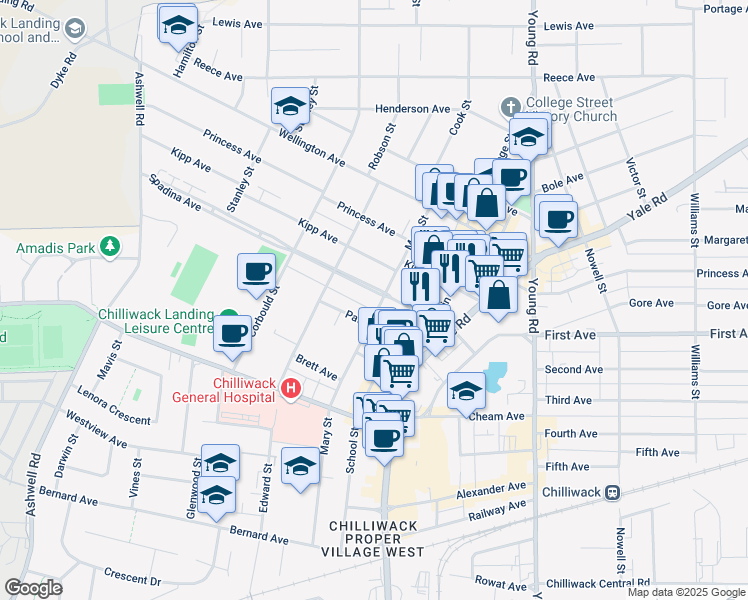 map of restaurants, bars, coffee shops, grocery stores, and more near 45726 Spadina Avenue in Chilliwack