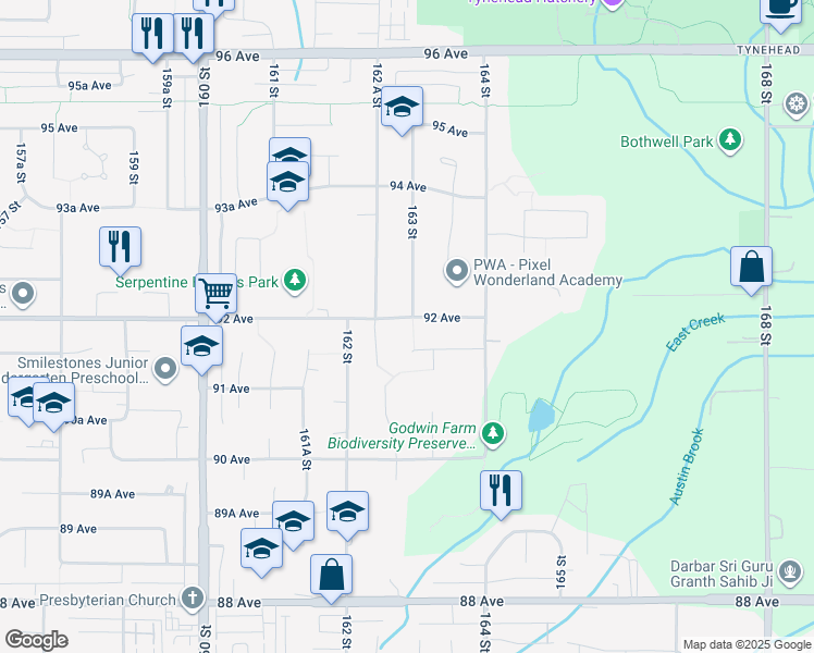 map of restaurants, bars, coffee shops, grocery stores, and more near 16290 92 Avenue in Surrey