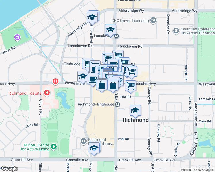map of restaurants, bars, coffee shops, grocery stores, and more near 7878 Westminster Highway in Richmond