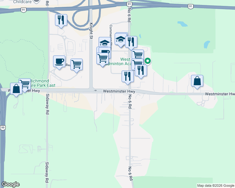 map of restaurants, bars, coffee shops, grocery stores, and more near 13680 Westminster Highway in Richmond