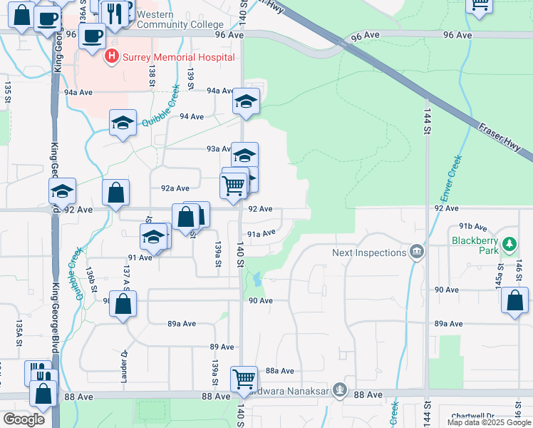map of restaurants, bars, coffee shops, grocery stores, and more near 14038 92 Avenue in Surrey