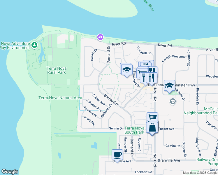 map of restaurants, bars, coffee shops, grocery stores, and more near 6000 Barnard Drive in Richmond