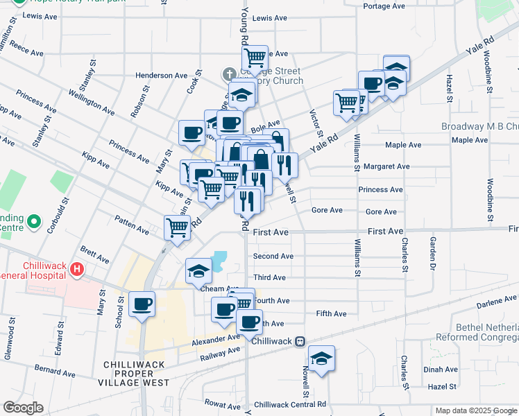 map of restaurants, bars, coffee shops, grocery stores, and more near 46010 Princess Avenue in Chilliwack