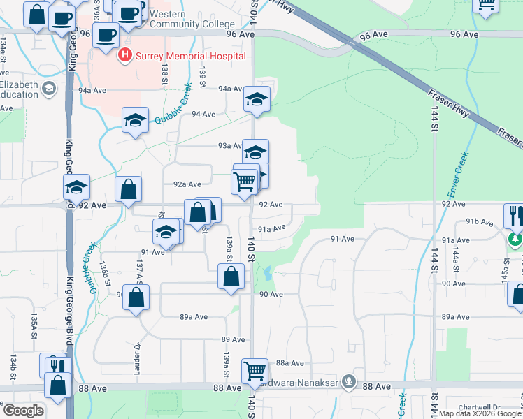 map of restaurants, bars, coffee shops, grocery stores, and more near 14022 92 Avenue in Surrey