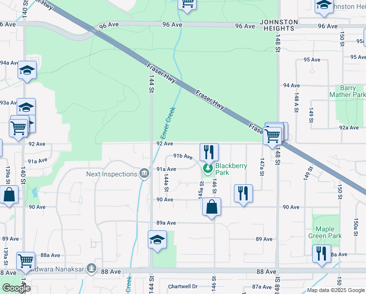 map of restaurants, bars, coffee shops, grocery stores, and more near 14498 92 Avenue in Surrey