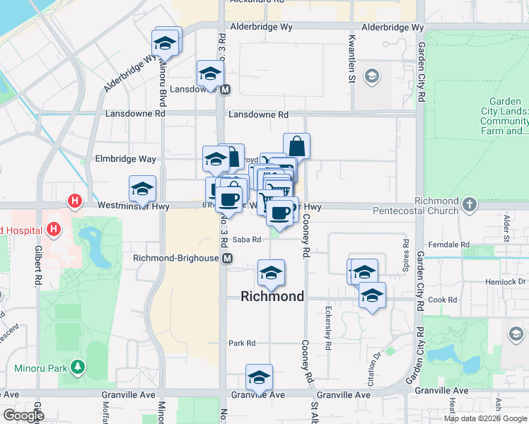 map of restaurants, bars, coffee shops, grocery stores, and more near 6133 Buswell Street in Richmond