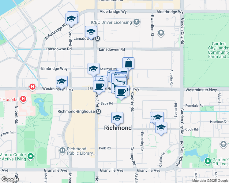 map of restaurants, bars, coffee shops, grocery stores, and more near 6133 Buswell Street in Richmond