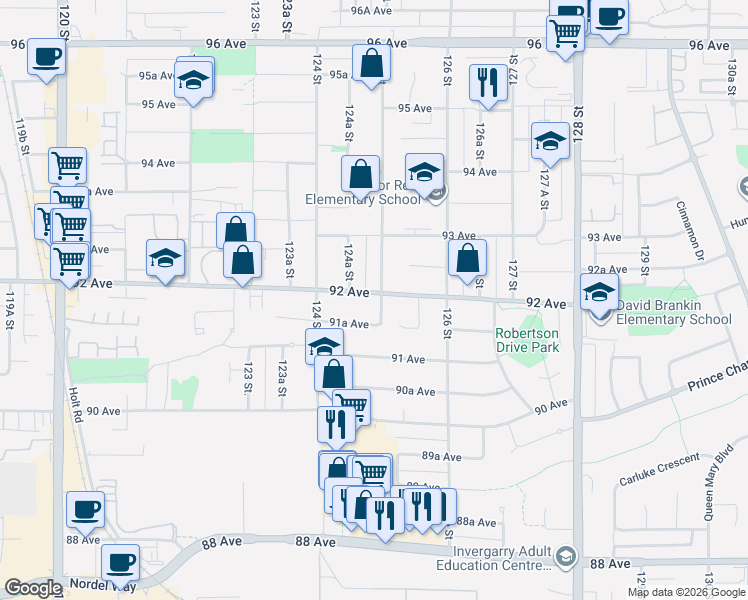 map of restaurants, bars, coffee shops, grocery stores, and more near 12488 92 Avenue in Surrey