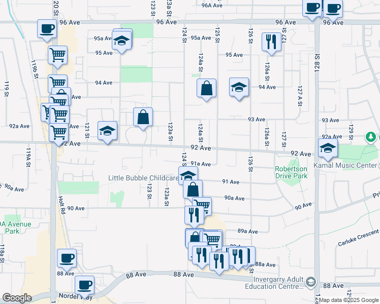 map of restaurants, bars, coffee shops, grocery stores, and more near 12414 92 Avenue in Surrey