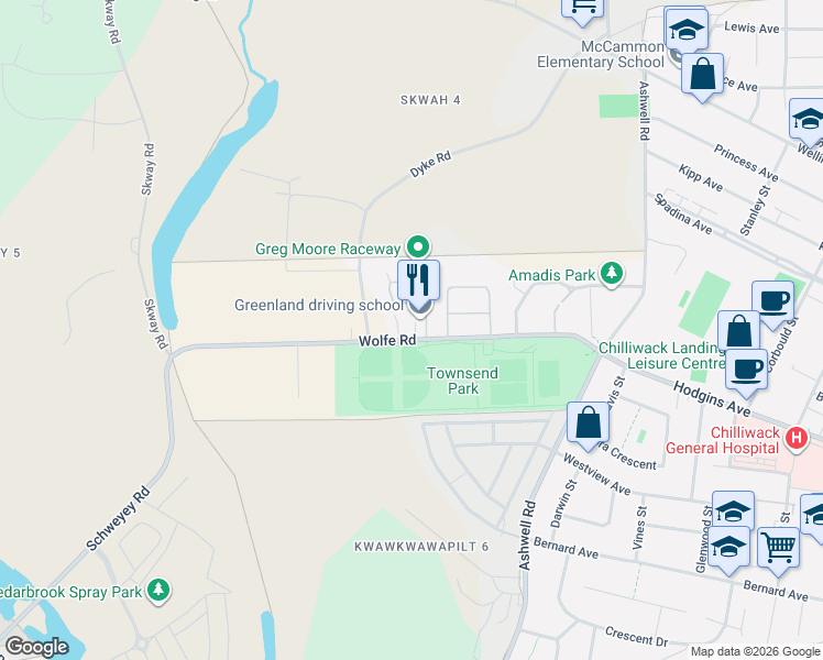 map of restaurants, bars, coffee shops, grocery stores, and more near 45025 Wolfe Road in Chilliwack