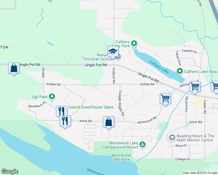 map of restaurants, bars, coffee shops, grocery stores, and more near 2299 Ashlee Road in Nanaimo