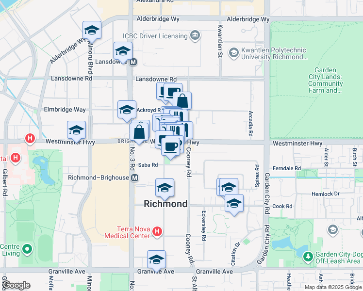 map of restaurants, bars, coffee shops, grocery stores, and more near 8288 Westminster Highway in Richmond