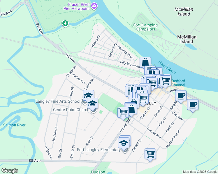 map of restaurants, bars, coffee shops, grocery stores, and more near 23048 96 Avenue in Langley Township
