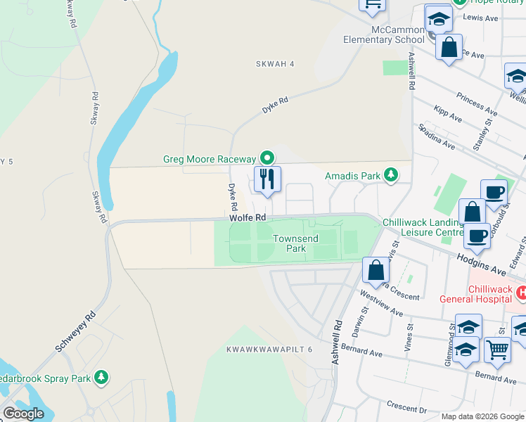 map of restaurants, bars, coffee shops, grocery stores, and more near 45025 Wolfe Road in Chilliwack