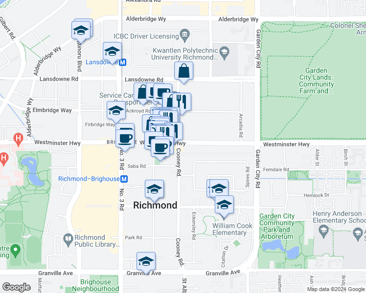 map of restaurants, bars, coffee shops, grocery stores, and more near 6118 Cooney Road in Richmond