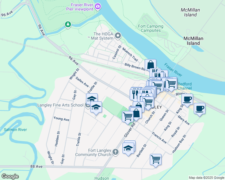 map of restaurants, bars, coffee shops, grocery stores, and more near 23048 96 Avenue in Langley