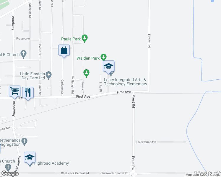 map of restaurants, bars, coffee shops, grocery stores, and more near 9240 Walden Street in Chilliwack