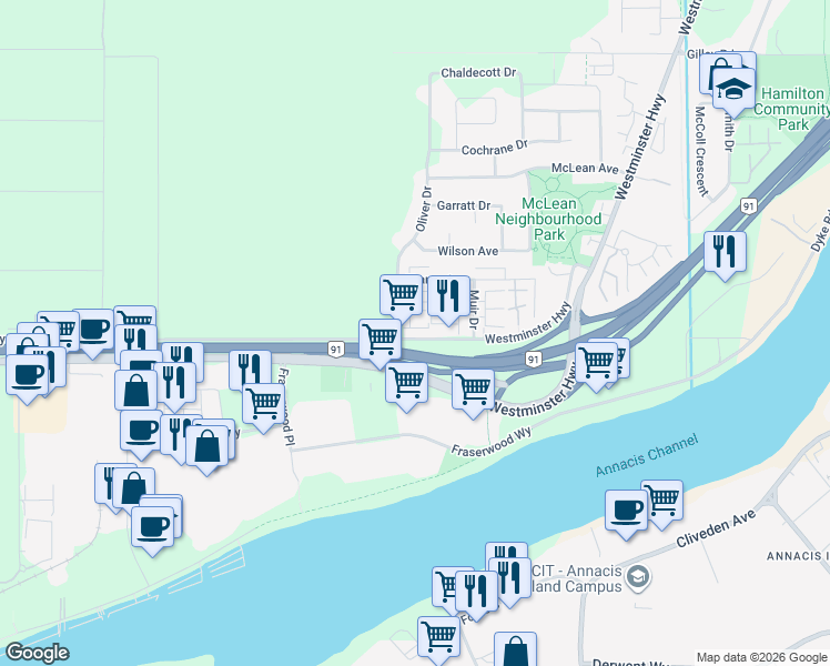 map of restaurants, bars, coffee shops, grocery stores, and more near 30 Westminster Highway in Richmond