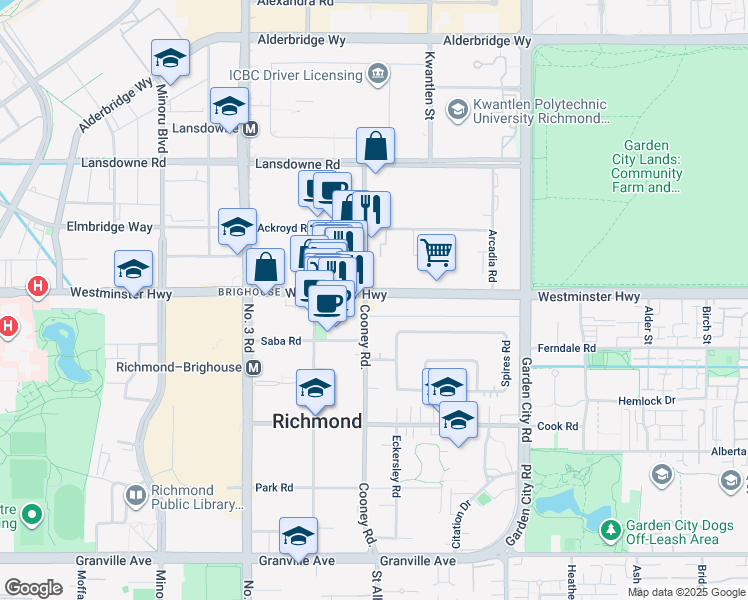 map of restaurants, bars, coffee shops, grocery stores, and more near 6180 Cooney Road in Richmond